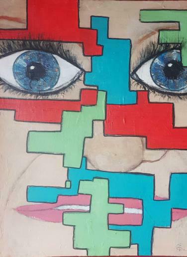 Fotografie des Werkes ab0033, Persönlichkeitsstörung. Es ist eine naive Zeichnung eines Gesichtes von nahem mit tetris-ähnlichen grünen roten und blauen Feldern die Teile des Gesichtes verdecken